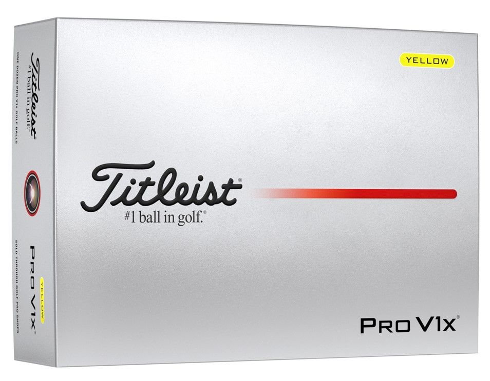 Boîte argentée avec balles de golf Pro V1x « Titleist » jaunes. Devant : logo noir « Titleist » et slogan «#1 ball in golf.». Une ligne rouge traverse horizontalement le centre. En bas à droite : «PRO V1x» ; en haut à droite : «YELLOW».
