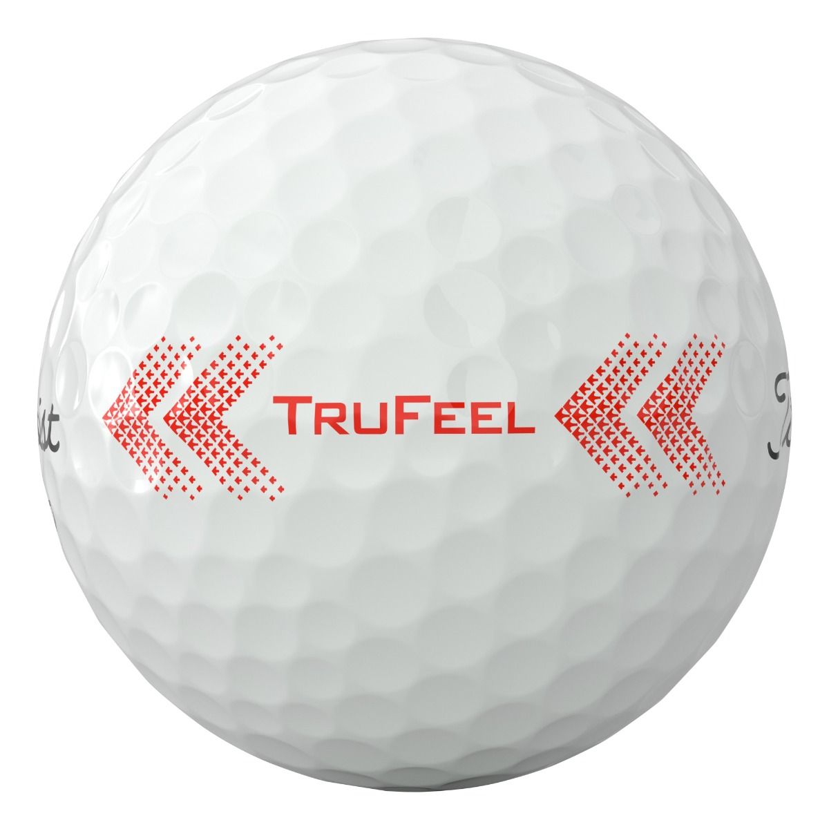 Balle de golf blanche à alvéoles visibles, avec au centre l'inscription « TRUFEEL » en rouge. Des chevrons de petits triangles et carrés s'étendent de chaque côté vers le centre. Éléments de logo noir aux bords gauche et droit.