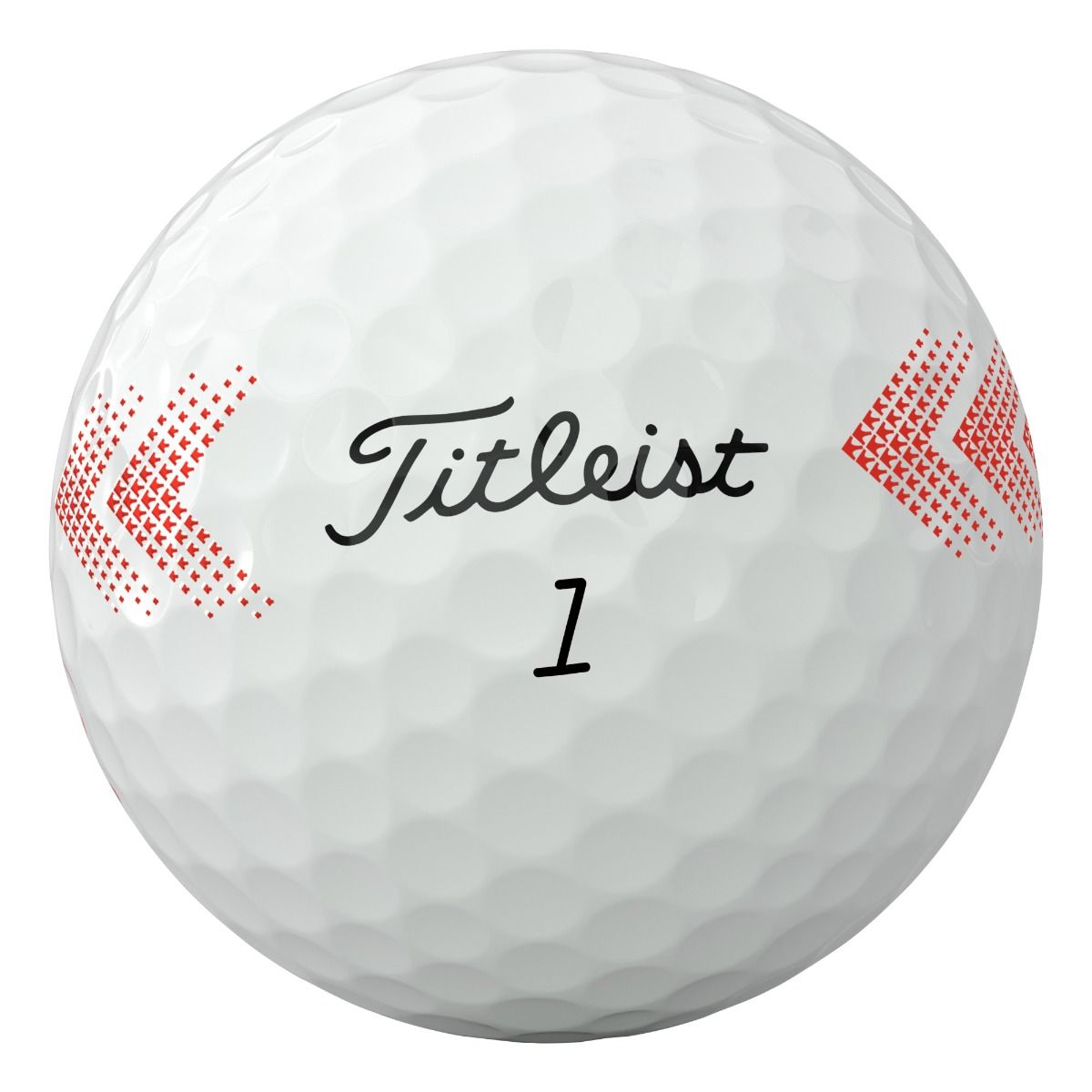 Balle de golf blanche à surface alvéolée, portant l'inscription noire «Titleist » et le chiffre « 1 » dessous. À gauche et à droite, des motifs rouges en flèches, faits de petits chevrons pointant vers le logo. Découpée sur fond blanc.