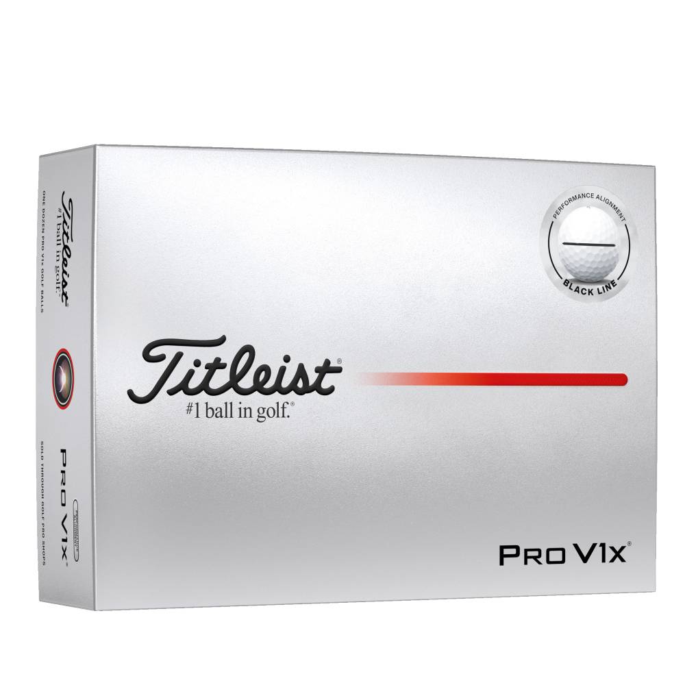 Emballage argenté de balles de golf Titleist Pro V1x. Logo noir « Titleist » au centre, dessous « #1 ball in golf » et ligne rouge. En haut à droite, emblème rond avec balle, ligne noire et « PERFORMANCE ALIGNMENT ». Côté : « ONE DOZEN ».