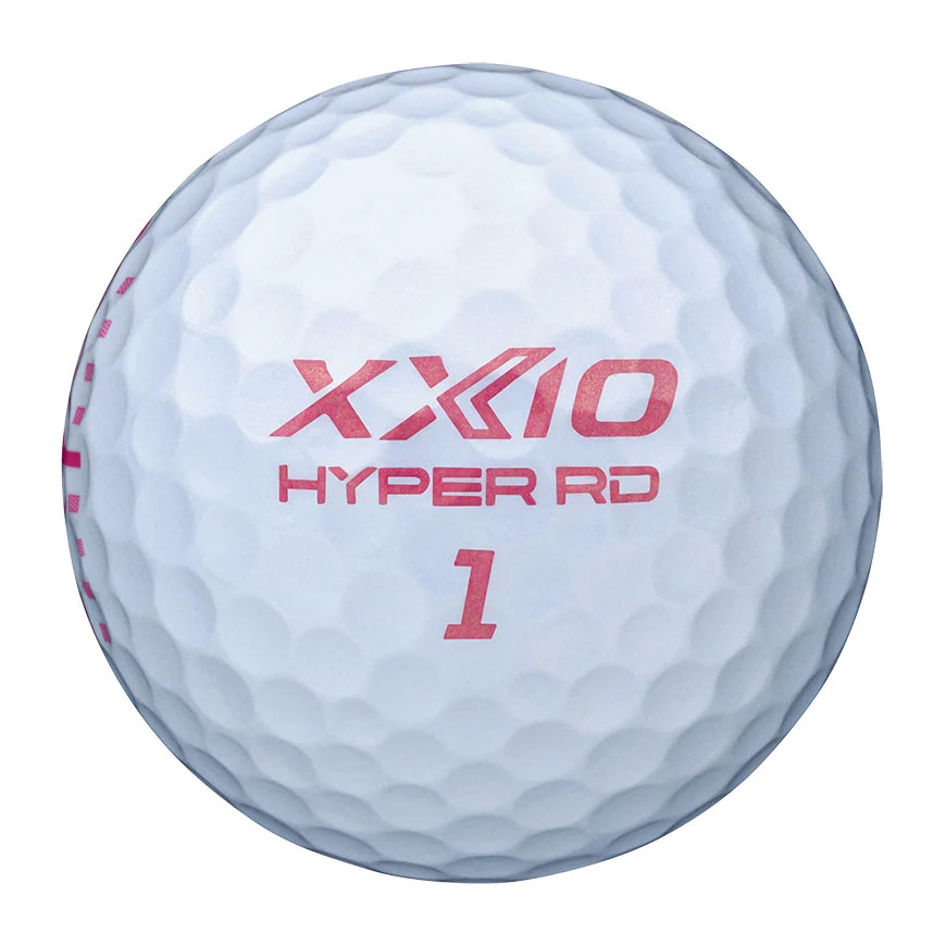 Premium weißer Golfball mit dimpliger Oberfläche und prominentem pinkfarbenen "XXIO"-Logo in der Mitte. Darunter stehen "HYPER RD" und die Zahl "1" in Pink. Dezente pinke Linien am Umfang sorgen für ein edles, sportliches Design.