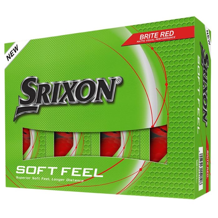Leuchtend grüne Schachtel mit Srixon Soft Feel Golfbällen. Durch eine Aussparung sind vier von zwölf mattroten Bällen sichtbar. Verpackung mit Srixon-Logo, „NEW“ und Hinweis „Brite Red“.