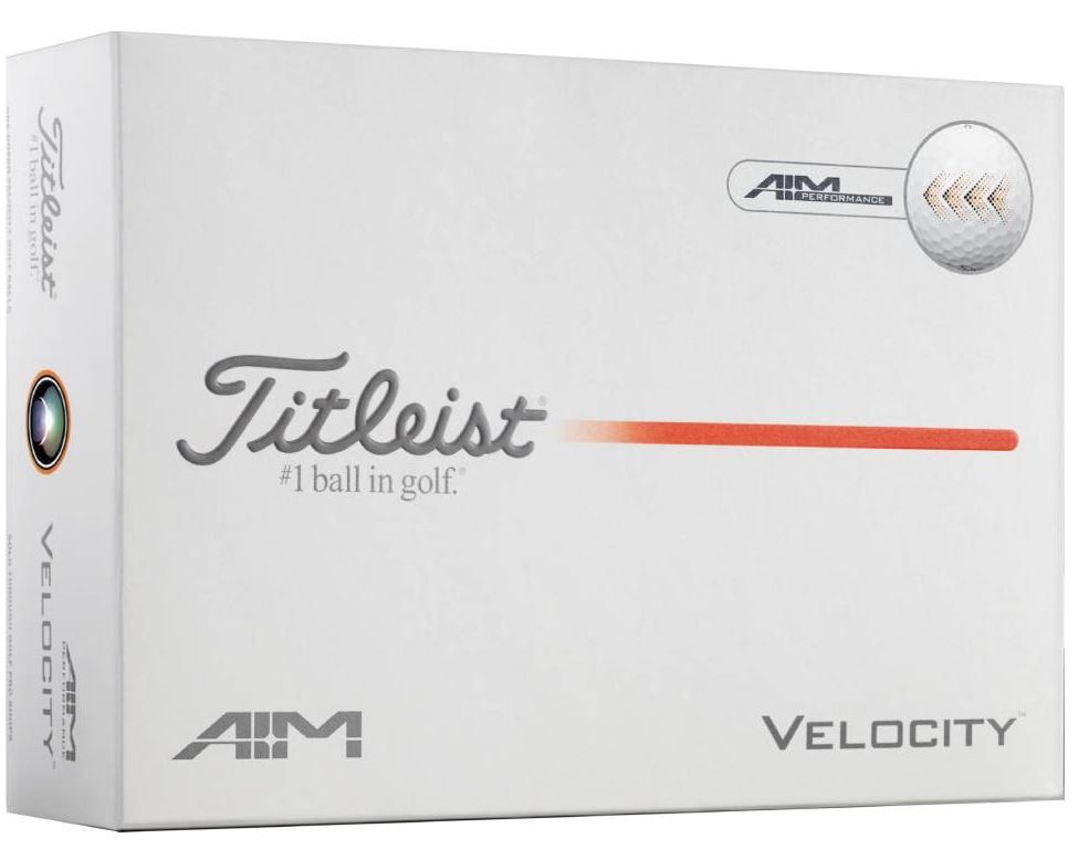 Boîte blanche de balles de golf Titleist Velocity. Face avant : « Titleist » gris, dessous « #1 ball in golf. », ligne orange à droite. En haut à droite : symbole balle avec « AIM PERFORMANCE » et flèches ; en bas : « VELOCITY ».