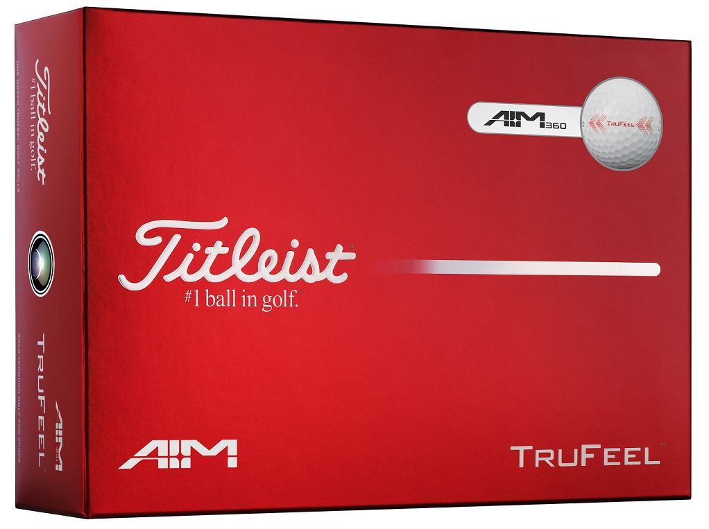 Emballage rouge vif avec 12 balles de golf Titleist TruFeel. Face avant : grand logo blanc « Titleist » et mention « #1 ball in golf ». En haut à droite, une balle « AIM 360 » « TRUFEEL ». Côté : « ONE DOZEN TRUFEEL GOLF BALLS ».