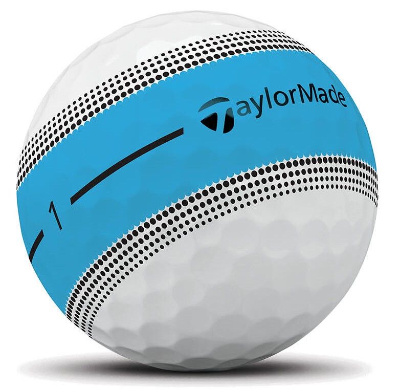 Balle de golf blanche à alvéoles, entourée d’une large bande bleu clair. En haut et en bas, de fines rangées de points noirs. Sur la bande, l’inscription «TaylorMade» en noir, accompagnée du logo, du chiffre « 1 » et d’une ligne d’alignement.