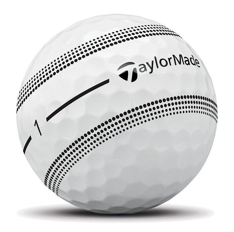 Ein weißer Golfball mit vielen kleinen Vertiefungen ist mittig zu sehen. Er trägt das schwarze TaylorMade-Logo und den Schriftzug. Zwei Reihen schwarzer Punkte verlaufen bogenförmig, umgeben von einer dicken Linie mit der Nummer Eins.