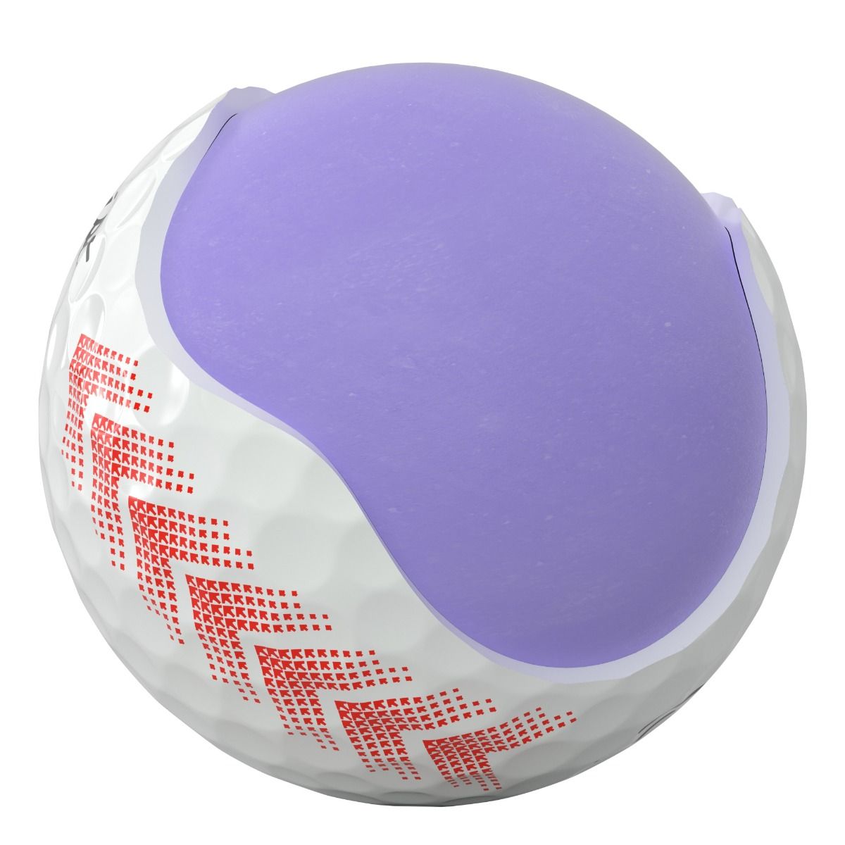Une balle de golf blanche dont la couche extérieure a été partiellement retirée, dévoilant un noyau lisse de couleur violet clair. La surface blanche, parsemée de bosses, présente un motif en zigzag rouge de style pixelisé.