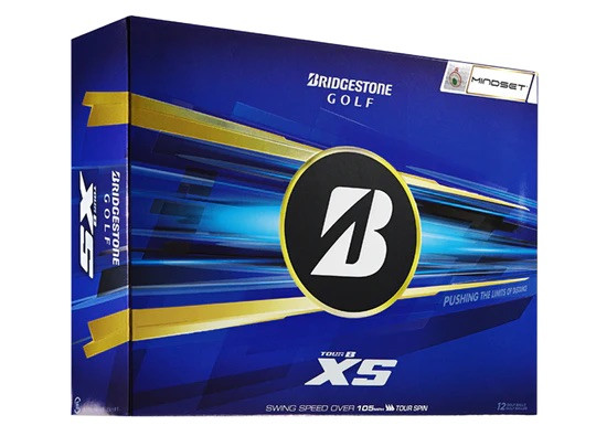 Dunkelblaue Verpackung für Bridgestone Tour B XS Golfbälle mit BRIDGESTONE GOLF Logo und großem weißen "B" auf schwarzem Grund. Goldene und hellblaue Streifen. Text: "TOUR B XS", "12 GOLF BALLS", "SWING SPEED OVER 105 MPH".