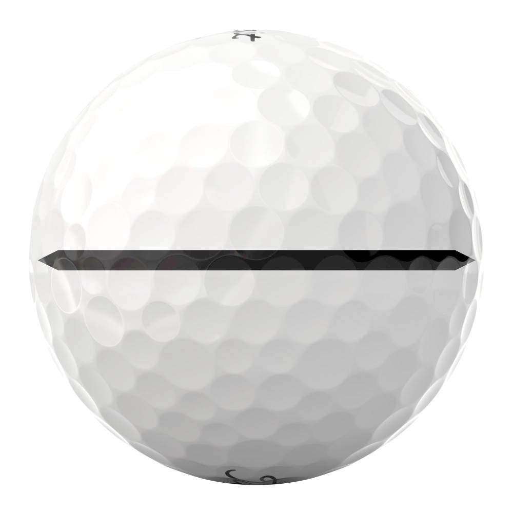 Balle de golf blanche vue de face, dotée d'une bande d'alignement noire horizontale bien visible, dont les extrémités sont effilées, située au-dessus de l'équateur. Motif de fossettes régulier. Petit logo noir en haut à gauche. La bande sert à viser.
