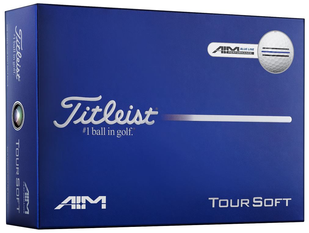 Boîte bleue de balles de golf Titleist Tour Soft, logo blanc « Titleist » et slogan « #1 ball in golf ». En haut à droite, balle avec lignes d’alignement bleues/noires près de « AIM BLUE LINE PERFORMANCE ». En bas, « TOUR SOFT ».