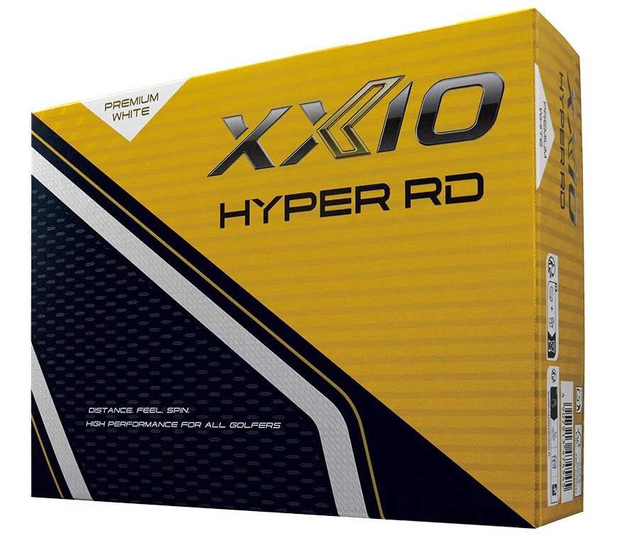 Gelbe XXIO Hyper RD Premium White Golfball-Verpackung, schräg von vorn. Vorderseite mit großem dunklen XXIO-Logo und HYPER RD Schriftzug. Unten links diagonales schwarz-weißes Punktmuster und "PREMIUM WHITE". Seitlich Infos und Barcode.