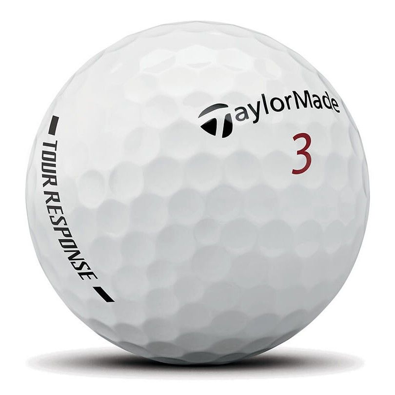 TaylorMadeBalle de golf blanche avec logo et nom noirs. À droite, un « 3 » rouge. À gauche, l'inscription « TOUR RESPONSE » en lettres majuscules noires, disposée verticalement. Surface à alvéoles caractéristique sur fond blanc.