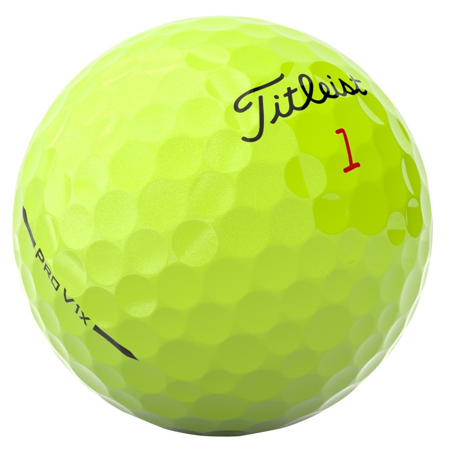 Balle de golf de couleur jaune-vert vif, arborant le logo « Titleist » noir et un «1» rouge sur fond blanc. La surface est striée de dimples. Sur le côté, une ligne d’alignement noire portant l’inscription «PRO V1X».