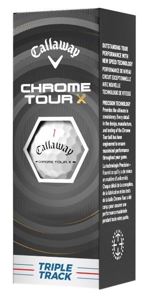 Schwarze und graue Verpackung für Callaway Chrome Tour X Golfbälle. Ein Fenster zeigt einen weißen Callaway Golfball (Nr. 1) mit Chrome Tour X Schriftzug. Unten das Triple Track Design mit drei farbigen Linien.