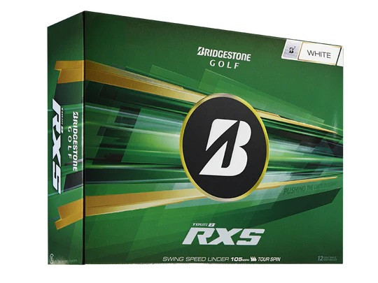 Grün-goldene Verpackung Bridgestone Tour B RXS Golfbälle. Vorderseite: Bridgestone Golf Logo mit goldenem Rand, Aufschrift "WHITE". Unten: "TOUR B RXS" und "SWING SPEED UNDER 105 MPH TOUR SPIN". 12 weisse Bälle.