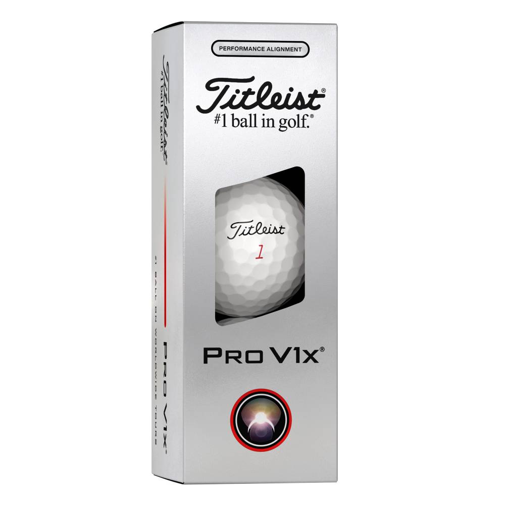 Balle de golf Titleist Pro V1x dans son emballage blanc, avec le logo « Titleist », le slogan «#1 ball in golf» et «PRO V1x». La balle blanche porte l'inscription rouge «Titleist 1».