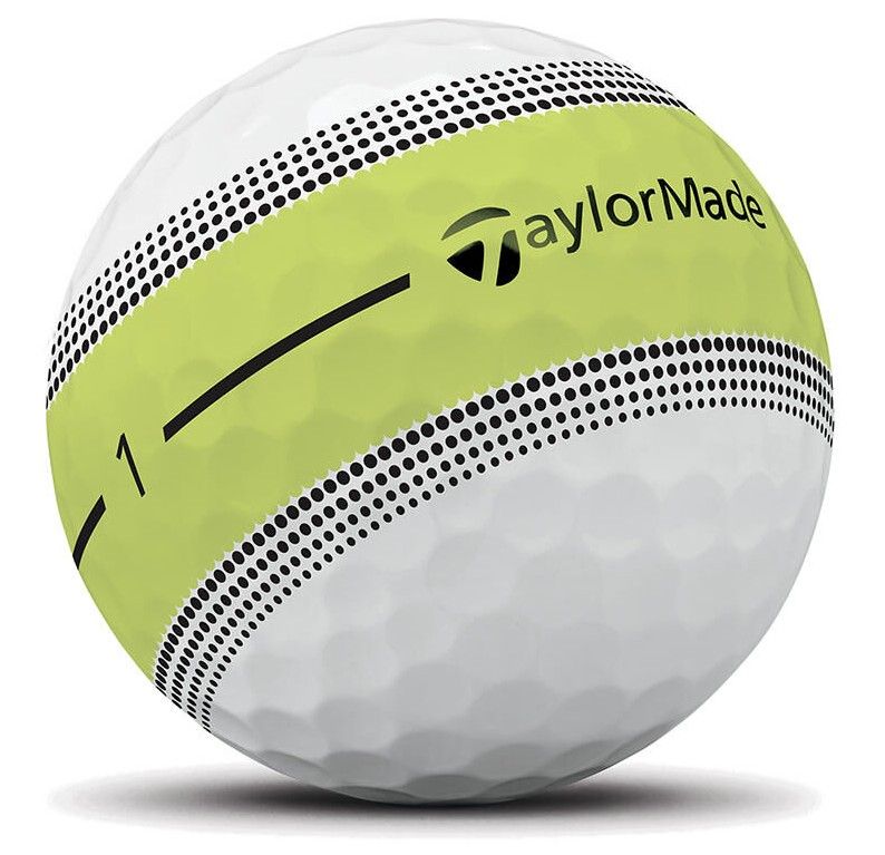 Weißer Golfball mit umlaufender, breiter lindgrüner Markierung. Oben und unten von Reihen kleiner schwarzer Punkte gesäumt, mit schwarzem Schriftzug TaylorMade sowie schwarzer Linie und Ziffer 1 auf der Oberfläche.
