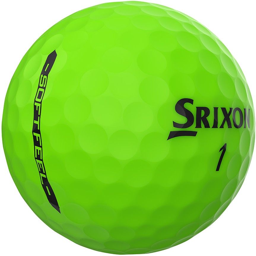 Leuchtend grüner Srixon Soft Feel Golfball mit schwarzer Nummer 1, klar sichtbar. Die Oberfläche zeigt das typische Dimple-Muster für langen Ballflug. Schwarze Schriftzüge "Srixon" und "SOFT FEEL" sind deutlich erkennbar.