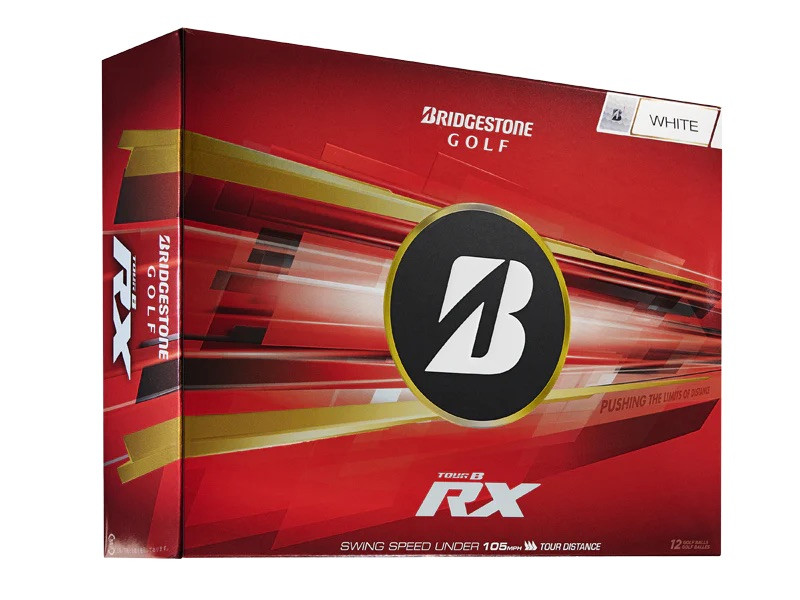 Rote Kartonverpackung der Bridgestone Tour B RX weißen Golfbälle. Vorderseite mit weißem "B"-Logo im schwarzen Kreis mit Goldrand, "Bridgestone GOLF" und "TOUR B RX". 12 Bälle, für Schwünge unter 105 mph, hohe Ballgeschw.