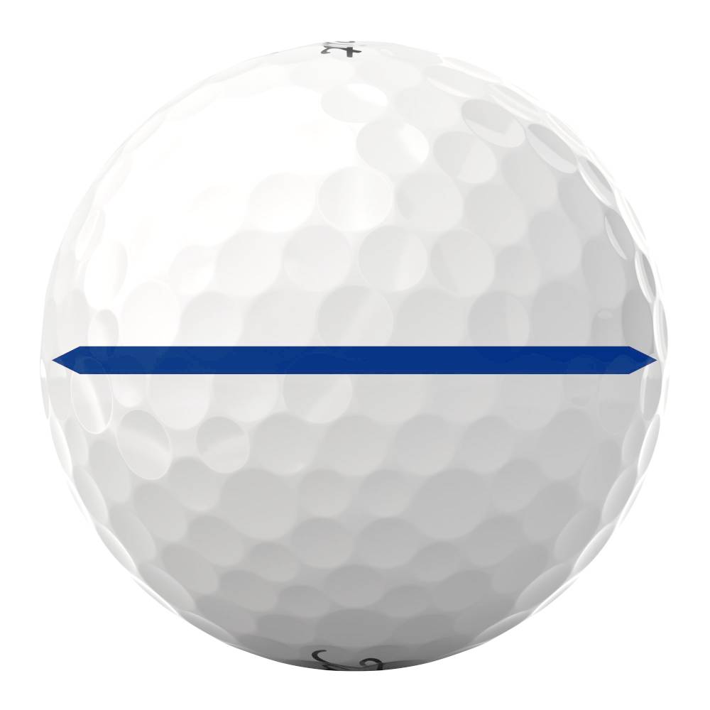 Weisser Golfball mit prominenter, dicker blauer Ausrichtlinie, horizontal über die Mitte, an beiden Enden spitz. Oberfläche mit typischem Dimple-Muster. Titleist Pro V1x, optimiert für Performance Alignment.