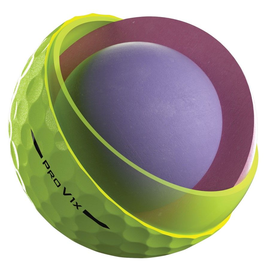 Balle de golf coupée en deux : structure multicouche avec enveloppe extérieure verte à alvéoles et inscription « PRO V1X » partiellement effacée, couche intermédiaire jaune-vert vif, puis couche violet foncé et noyau violet clair.