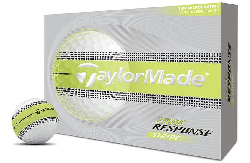 Eine Packung TaylorMade Tour Response Stripe Golfbälle in Weiß und Neon-Grün mit transparentem Fenster, das einen Ball zeigt. Daneben liegt ein Golfball mit drei neon-grünen Streifen, schwarzen Punktreihen und Nr. 1.