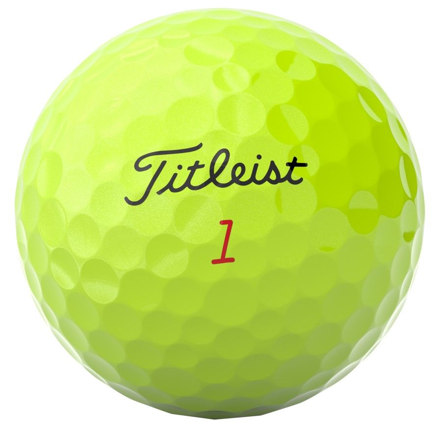 Une balle de golf vert fluo avec de nombreuses petites alvéoles. Au centre figure le logo noir «Titleist » en lettres cursives, juste en dessous duquel apparaît le chiffre « 1 » en rouge. Le tout sur fond blanc.