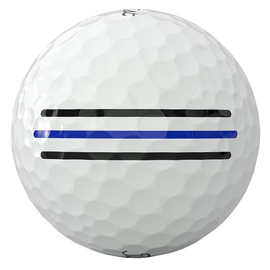 Une balle de golf blanche avec des alvéoles visibles. Trois lignes horizontales entourent la balle : les deux lignes du haut et du bas sont noires, tandis que celle du milieu est d'un bleu vif. Ces repères servent à s'aligner lors du putt.
