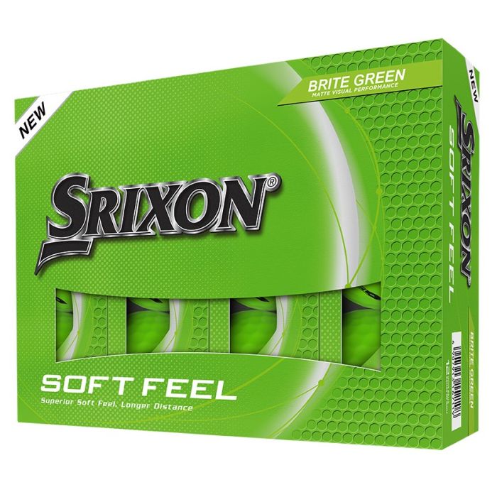 Leuchtend grüne Verpackung von Srixon Soft Feel Golfbällen mit schwarz-silbernem Srixon-Logo sowie „Soft Feel“ und „Brite Green“. Ein Ausschnitt zeigt drei Innenhüllen mit grünen Bällen. Dezentes Dimple-Muster, weisse Kurven.