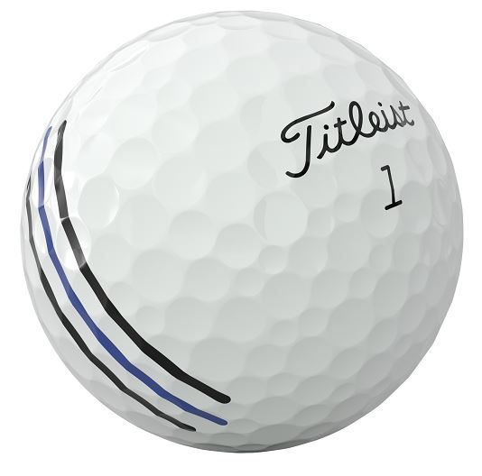 Balle de golf blanche portant l'inscription noire «Titleist» et le chiffre « 1 ». Lignes d'alignement : deux lignes bleues entourées de deux lignes noires plus épaisses qui épousent la courbure de la balle. Surface comportant de nombreux alvéoles.