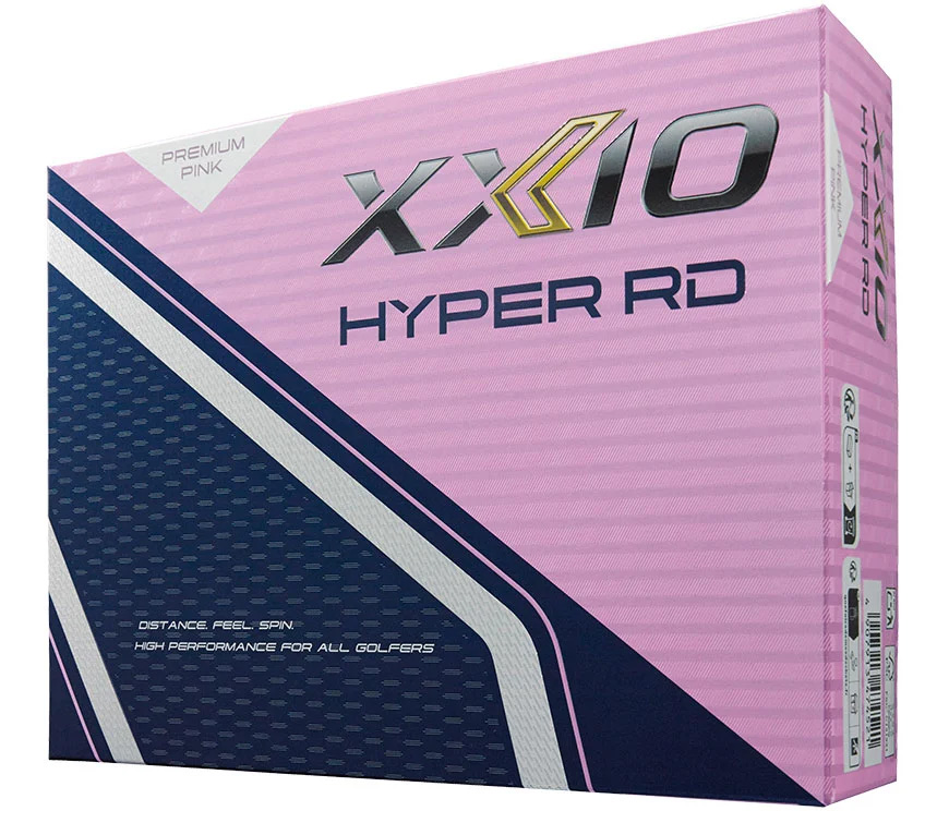 Rosa Box XXIO Hyper RD Golfbälle. Auf der Vorderseite: Schwarzes XXIO-Logo mit Gold und HYPER RD. Unten links dunkelblaues Muster, getrennt durch weiße/pinke Diagonalstreifen. Oben links: 'PREMIUM PINK'. 12 Golfbälle für Distanz und weiches Schlaggefühl.