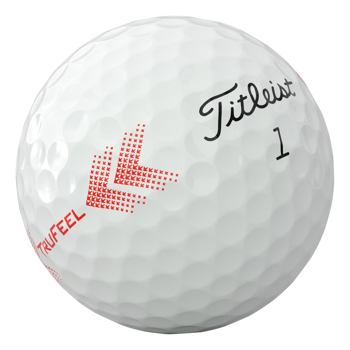 Gros plan sur une balle de golf blanche à nombreuses alvéoles. On y lit «Titleist » en lettres cursives noires et un « 1 » noir. Un motif flèche rouge composé de « K » pointe à gauche. « TRUFEEL » partiel.