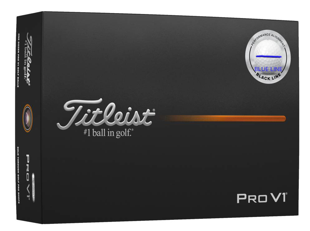 Schwarze Verpackung der Titleist Pro V1 Golfbälle. Vorderseite mit silbernem Titleist-Logo und Slogan "#1 ball in golf.". Oben rechts ein Emblem mit weißem Ball und blauer Ausrichtlinie ("Performance Alignment Blue Line"). Enthält 12 weiße Pro V1 Bälle.