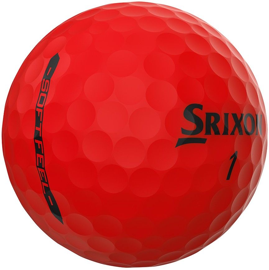 Ein leuchtend roter Srixon Golfball mit deutlich sichtbaren Dimples. Auf der Oberfläche sind das schwarze 'Srixon' Logo und der Schriftzug 'SOFT FEEL' entlang einer Führungslinie angebracht. Eine kleine Ziffer '1' ist ebenfalls erkennbar.